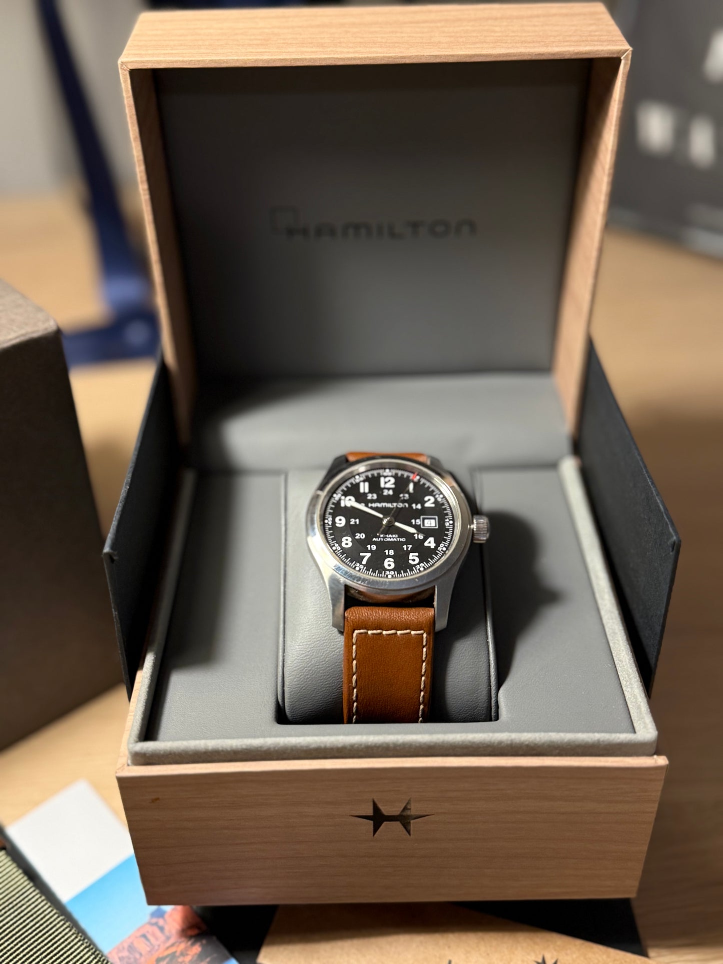 Hamilton Khaki Field Auto 42mm Black Steel Case Brown Strap