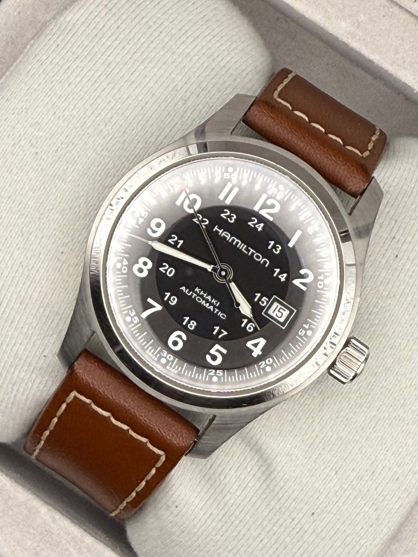 Hamilton Khaki Field Auto 42mm Black Steel Case Brown Strap